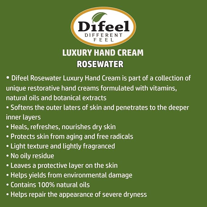 Difeel Invigorating Hand Cream- Rosewater with Pure Natural Oil and Vitamin E 1.4 ounce