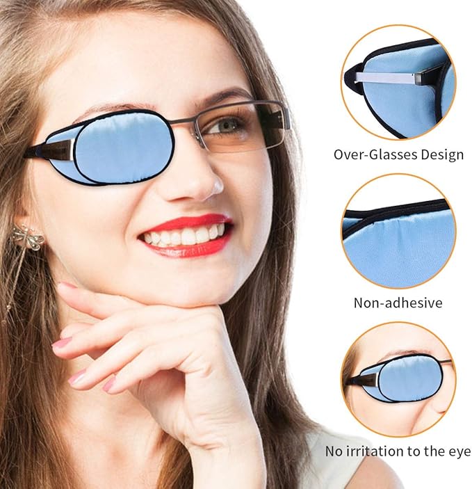 eZAKKA Eye Patches for Adults, Eye Patch for Glasses, Silk Medical Eyepatch for Lazy Eye Patches for Women Amblyopia Strabismus and After Surgery (Light Blue+Black)
