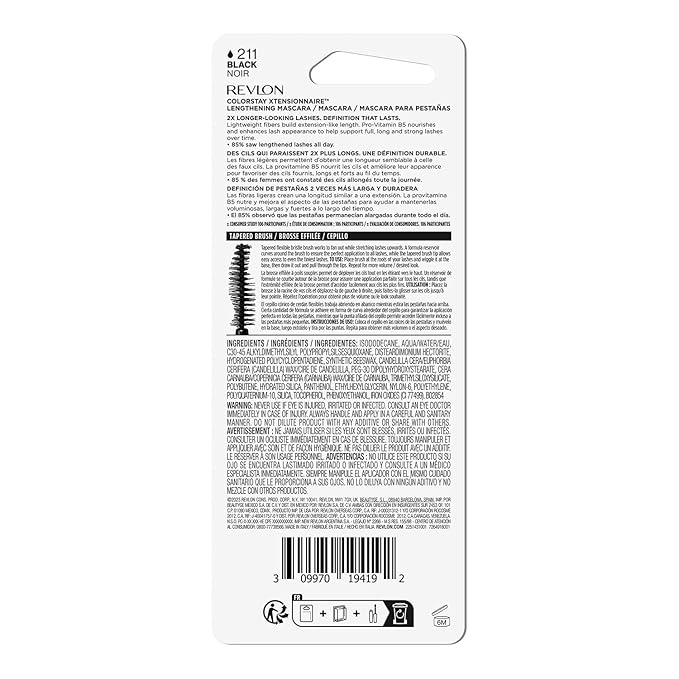 Revlon ColorStay Xtensionnaire Lengthening Lash Serum and Mascara In One, Tapered Brush for 2X Longer Looking Eyelashes, Infused with Pro Vitamin B5, Smudge-Proof, 211 Black Waterproof (Pack of 2)