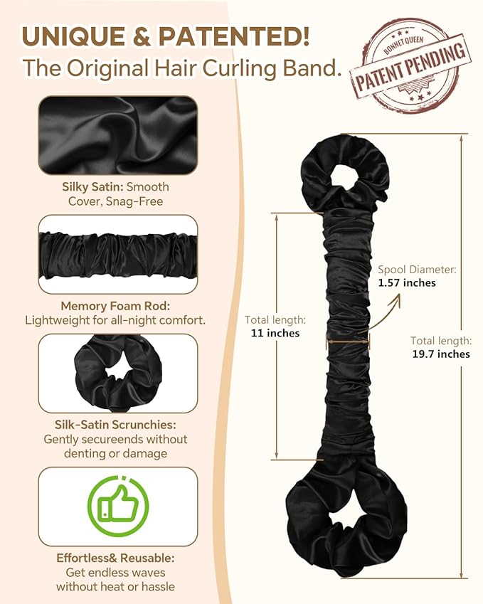 BONNET QUEEN Satin Heatless Hair Curler, Overnight Curls for Long Hair, Ultra Soft Daily Use of Hair Accessories & 2 Scrunchies, Damage-Free Styling, Soft Hair Curlers for Overnight, Light Black