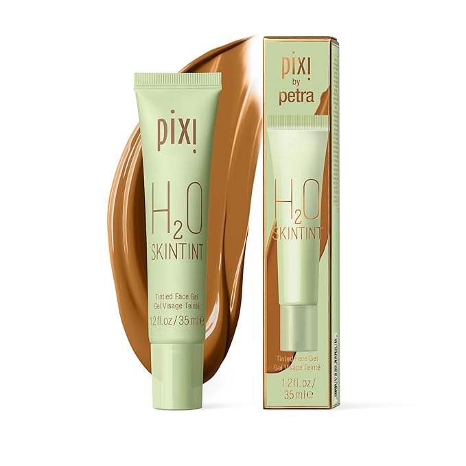 Pixi H2O SkinTint | Tinted Face Gel Moisturizer | Lightweight Hydrating Coverage with Hyaluronic Acid | Evens Skin Tone & Reduces Redness | Oil-Free Dewy Finish | Mahogany | 1.2 fl oz
