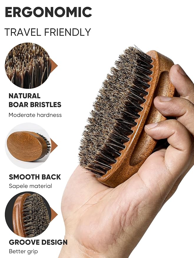 Bituemly Beard Brush, Natural Boar Bristles Beard Brush for Men and Wooden Sandalwood Pocket Beard Comb Set, Facial Hair Grooming Kit with Mustache Scissors as a Styling Tool, Growth, Detangles, Shine