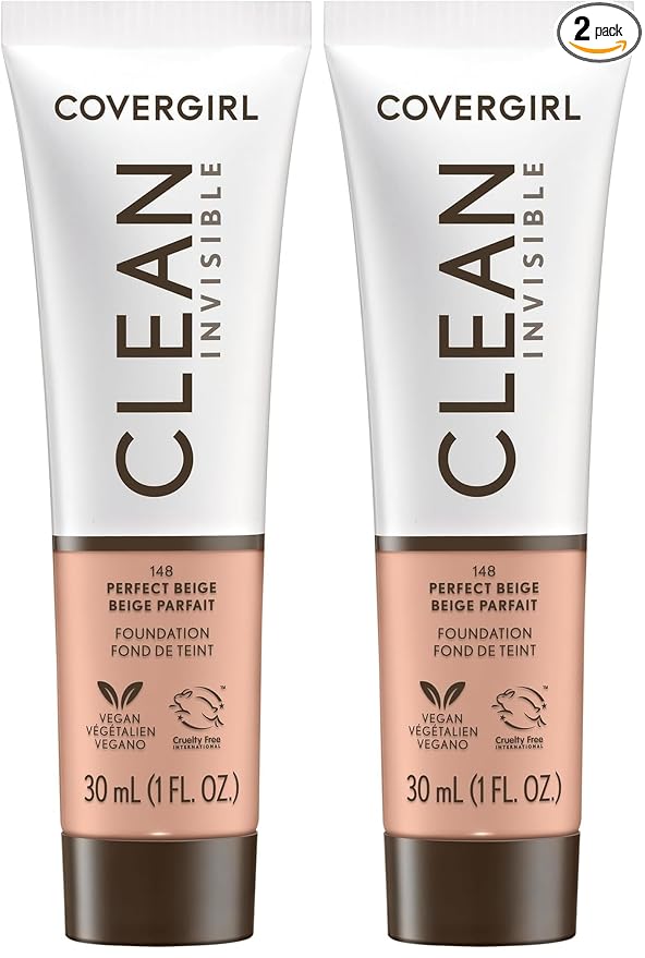 COVERGIRL Clean Invisible Foundation Makeup, Dewy & Glowy Natural Finish, Buildable Coverage, Skin-Like Smooth Look, Vegan, Perfect Beige, 1oz (Pack of 2)