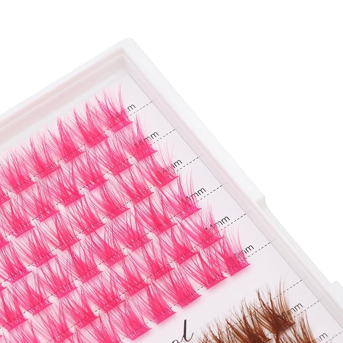 12rows-Large Tray Mixed 8-10-12-14-16mm/Mixed 14-15-16mm/Mixed14mm-16mm/Mixed 18-20mm Wide Stem Individual False Eyelashes Dramatic Black Cluster Eyelashes (T50-rose red -brown-14-16mm)