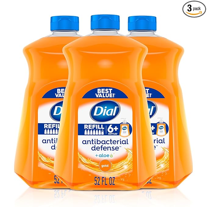 Dial Antibacterial Defense Liquid Hand Soap + Aloe, Gold Scent, 52 Fl Oz Hand Soap Refill (3 Count), Dermatologist-Tested, Gentle Formula
