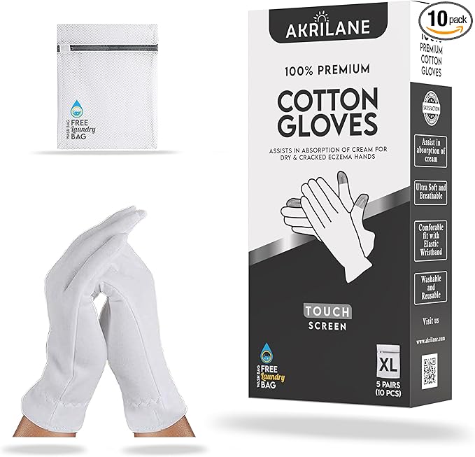 Touch Screen XL Extra Large 5 Pairs 100% Premium Cotton Gloves for Dry Hands | Moisturizing Overnight Gloves for Eczema, Psoriasis & Skin Spa Treatment for Women & Men | Free Laundry Bag
