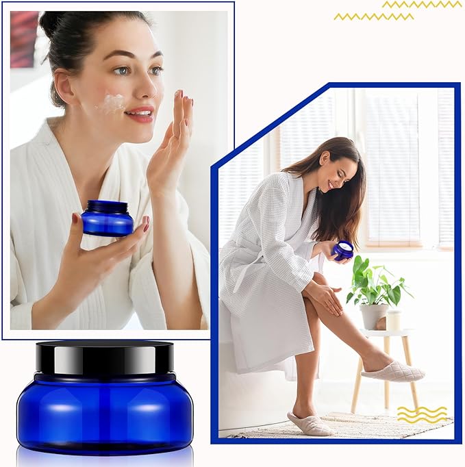 Tessco for you 24 Pack Plastic Jars with Lids Labels Multiuse Slime Containers Empty Body Scrub Jars Round Refillable Cosmetic Body Butter Container for Makeup (5 oz,Blue,Black)