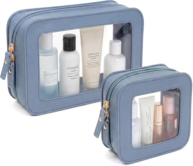 LETGO Clear Makeup Bag Organizer Set, Travel Toiletry Bag for Women, Waterproof Cosmetic Pouch with Zippers, Car Accessories Organizers and Storage Case (2Pack-Standard&Square, Blue)