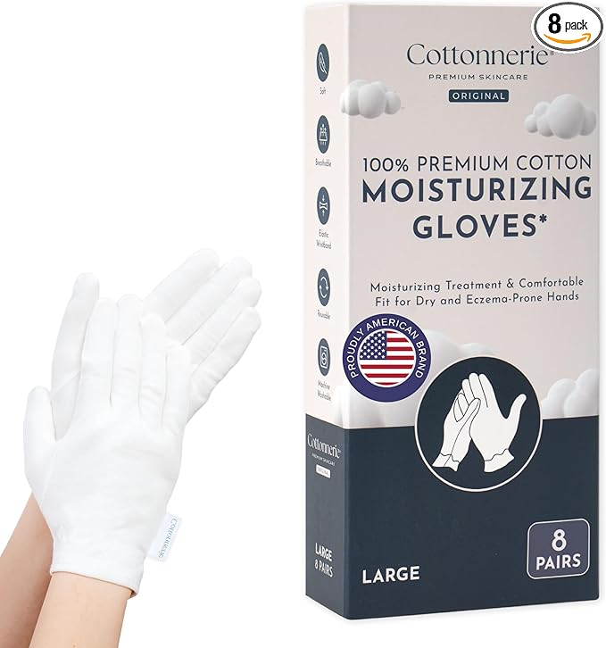 8 Pairs Cottonnerie Original Cotton Gloves for Dry Hands Sleeping, Moisturizing Gloves Overnight, Hand Moisturizer Gloves, Moisture Gloves for Dry Hands Overnight, Sleeping Gloves, Large