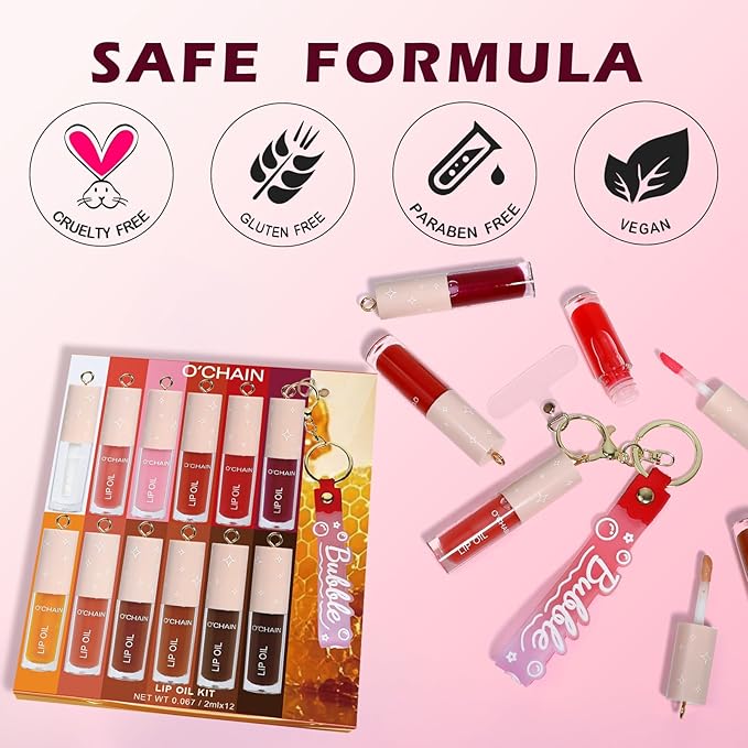 O'CHAIN 12 Colors Lip Oil Set with Portable Keychain, High Shine & Moisturizing, Long Lasting Wear, Deep Hydrating Nourishing Lip Care and Repair Kit for Women and Girls