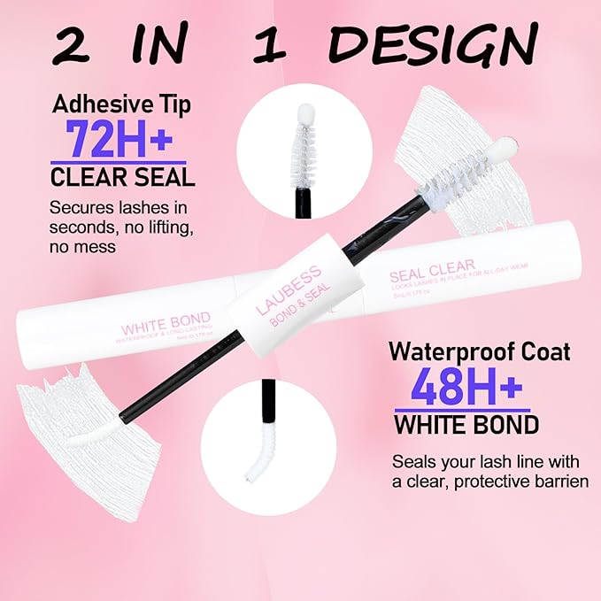 Lash Glue for Eyelash Clusters LAUBESS 2 in 1 Lash Bond and Seal Waterproof Lash Cluster Glue 10ml Adhesive Eyelash Glue Home Use Strong Hold 72H