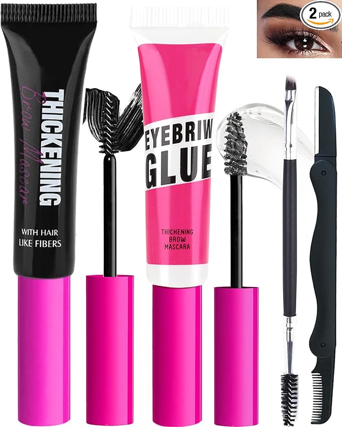 Waterproof Tinted Brow Gel Kit-Black Thickening Eyebrow Mascara Gel & Clear Setting Brow Glue,Brow Lift Fast Shapping,Long Lasting Eye Makeup for Women,Light Medium Dark Brown With Brow Tool