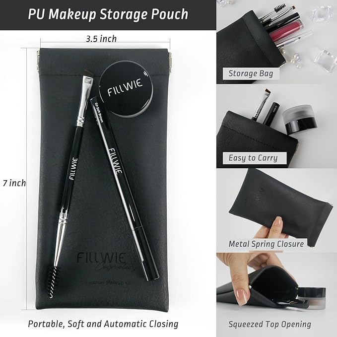 Eyebrow Pomade Stamp, Microblading 2 Tip Liquid Eyebrow Pen, Eye brow Kit with Angled Spoolie Brush and PU Pouch for Travel (Ebony)