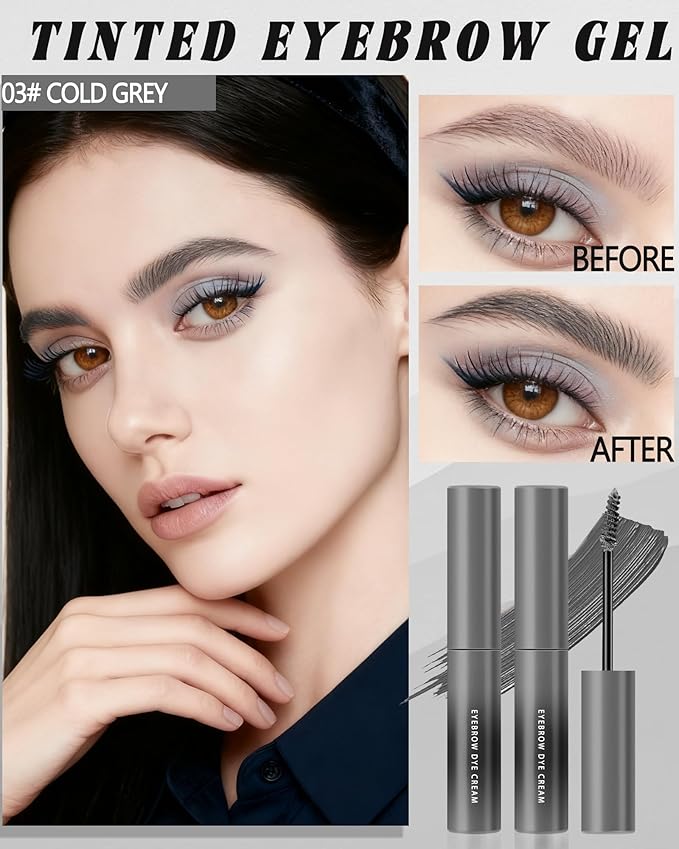 Cold Grey Tinted Eyebrow Gel,2 Pcs Long Lasting Waterproof Eye Brow Tinting Kit,Smudgeproof Eyebrow Tint Glue,Ultra-Fine Brush Brow Filler Stain,Momen's Mother's Day Makeup Gift Set for Women-03