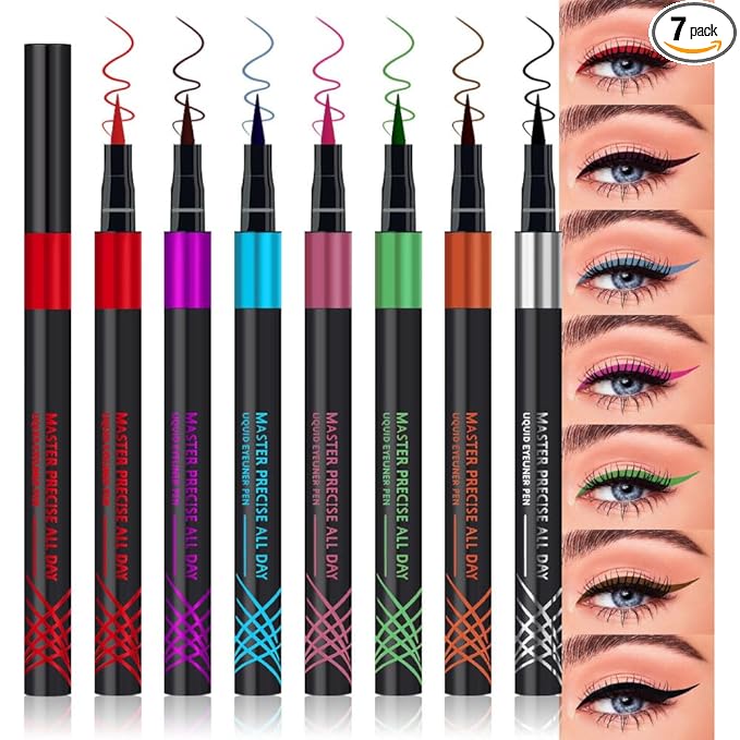 WanTuoluo 7 Pcs Colors Liquid Eyeliner Stamp Pens Set, Long Lasting Liquid Eye Liner,Waterproof & Smudgeproof Makeup
