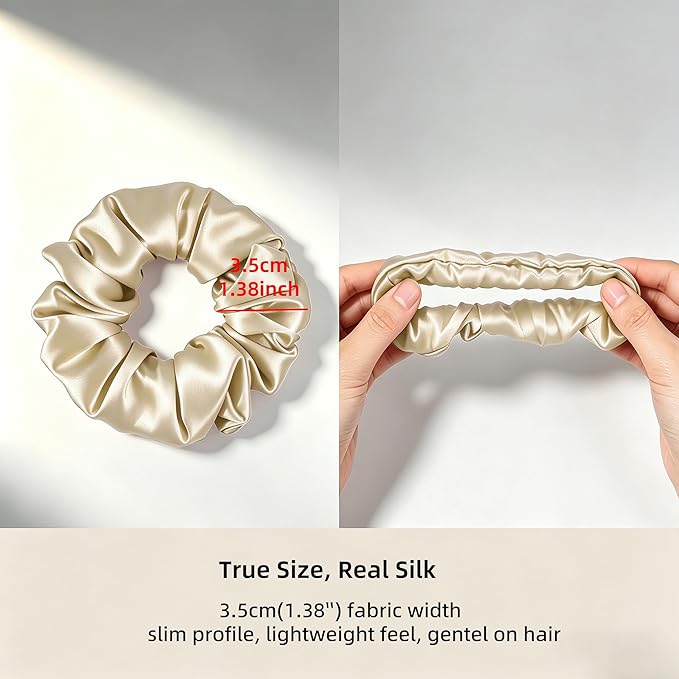 ZLYC 100% Mulberry Silk Scrunchie 19 Momme Gentle Creaseless Hair Tie for Women Dent-Free Ponytail Holder, 3.5cm Solid Beige