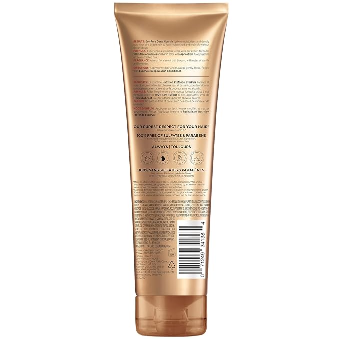 L'Oreal Paris Shampoo,Sulfate Free,Triple Action Hydration for Dry Hair,EverPure,8.5 Fl Oz (Packaging May Vary),Damaged,Color-Treated Hair,Apricot Oil Infused,Deep Nourish,(Pack of 36)