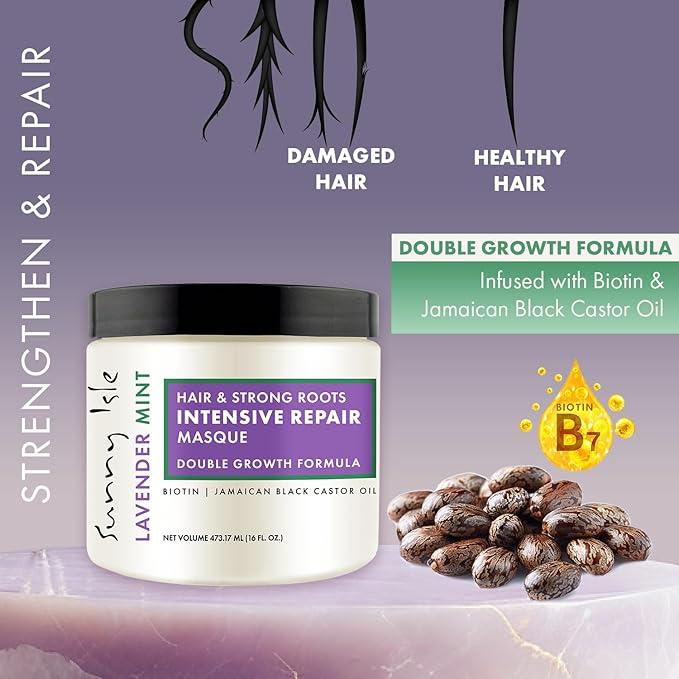Sunny Isle Lavender Mint Hair & Strong Roots Intensive Repair Masque - Biotin, Jamaican Black Castor Oil - 16 oz