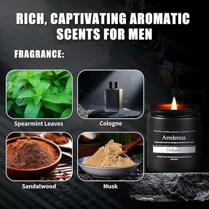 Cologne Mens Candles | Manly Scented Candles for Men - 7oz Soy Wax, 50 Hours Long Lasting, Natural Handmade with Luxury Black Gift Box, Aromatherapy Gifts for Him Valentine's Day Anniversary Birthday