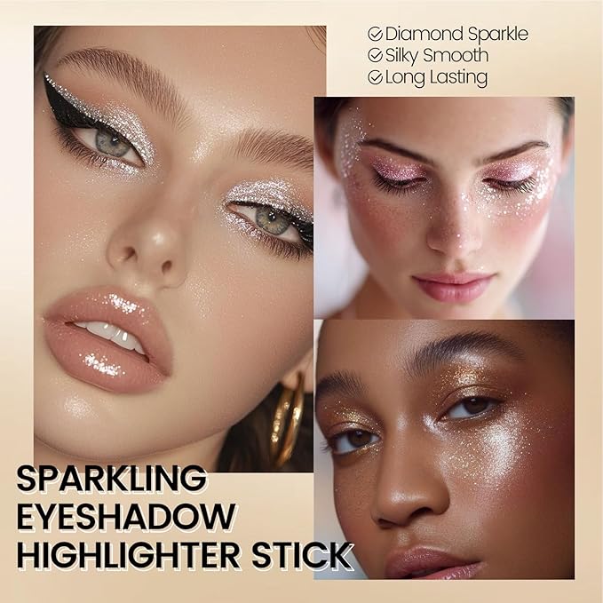 Noerrors 3Colors Glitter Eyeshadow Brightener Stick Set, Champagne&Pink&Pearl White Sparkle Cream Eyeliner&Eye Shadow Pencil with Brush, Waterproof Silky Smooth Shimmer Metallic Eye Highlighter Makeup