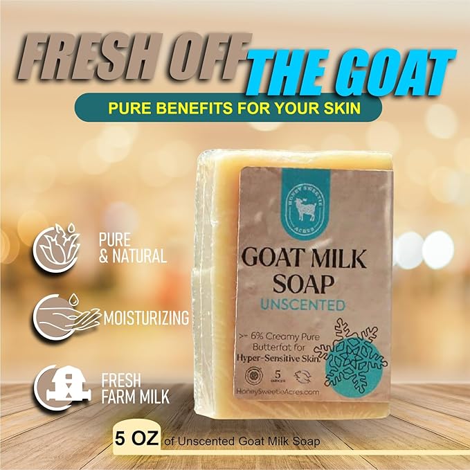 Honey Sweetie Acres Unscented Goat Milk Soap - Handmade 5 oz Bar, Made with Natural Ingredients, Moisturizing & Gentle, Made in the USA