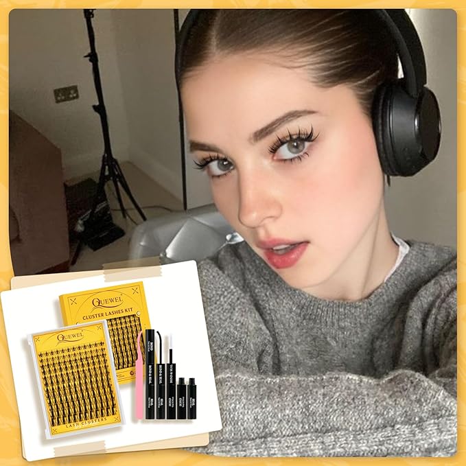 QUEWEL Fairy Lash Clusters Kit, 144PCS Cluster Eyelash Extensions kit with Lash Bond and Seal, C Curve Manga Lash Clusters Natural Look with Invisible Thin Band Easy to Use for Beginners (DJ-FD-D）