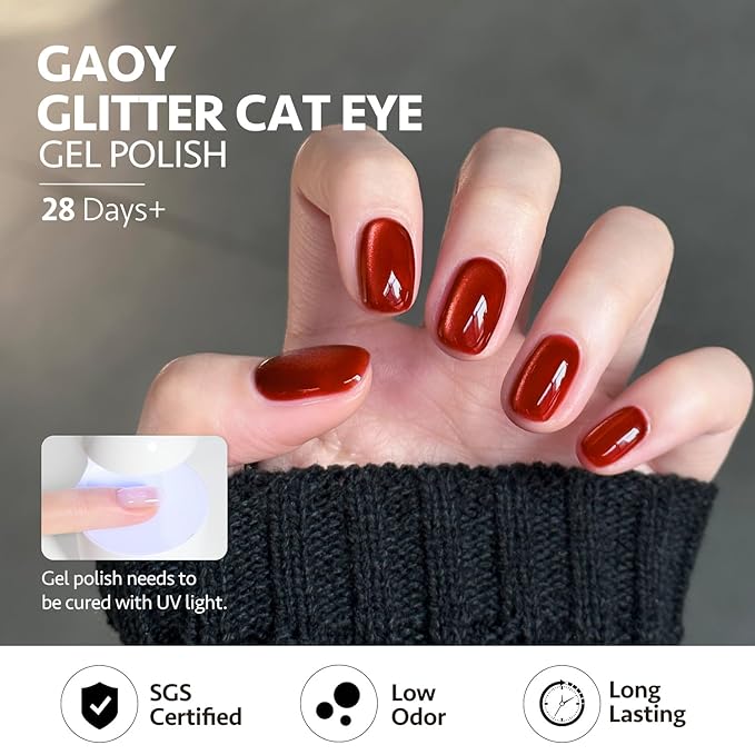 GAOY Glassy Cat Eye Gel Nail Polish, 16ml Glitter Holographic Nail Polish with Magnet, Reflective Translucent UV Gel, 2221 Blood Red