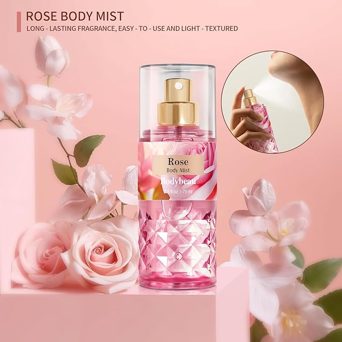 Mother's Day Rose Spa Gift Set - 3PCS Luxury Bath and Body Kit for Women with Shower Gel, Body Lotion & Body Mist - Portable Travel Size Self Care Gift for Mom, Wife, or Her