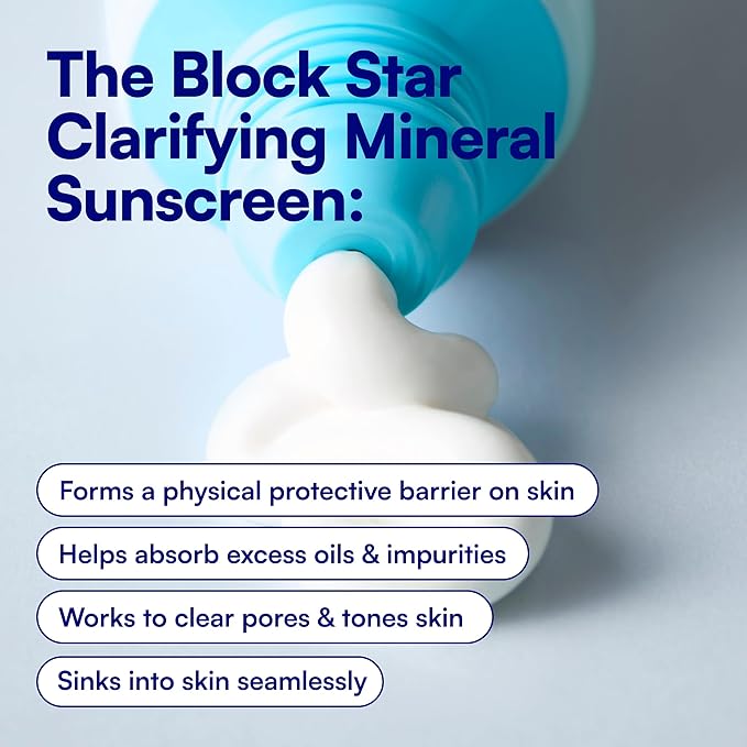 Bliss Block Star Clarifying Daily Mineral Sunscreen Broad Spectrum SPF 30, Blendable Pore Safe Formula for Blemish Prone Skin with Salicylic Acid and Witch Hazel, 1.4 Fl Oz