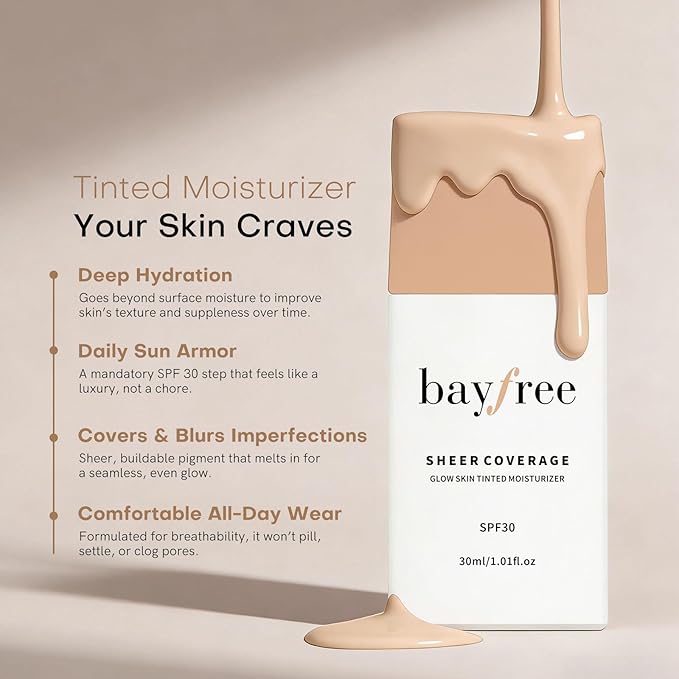 bayfree Glow Skin Tinted Moisturizer with SPF 30, Lightweight Sheer Coverage Skin Tint, Long Lasting Hydrating & Weightless, Makeup and Skincare Benefits, Buildable Natural Finish, Vegan Korean Makeup