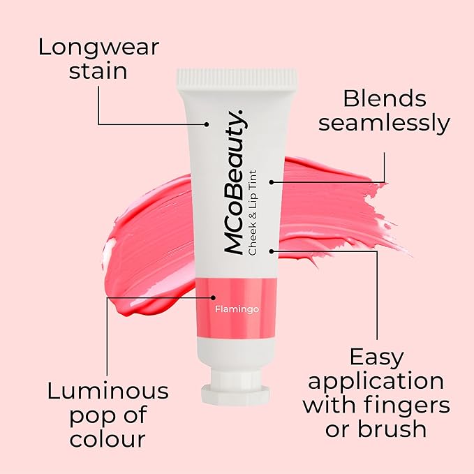 MCoBeauty Cheek and Lip Tint Flamingo - Gel Cream Buildable Color Lip Stain and Blush for Women - Dewy Multi Use Tinted Lip Balm, Liquid Blush Makeup Vegan Cruelty Free - 0.34 oz