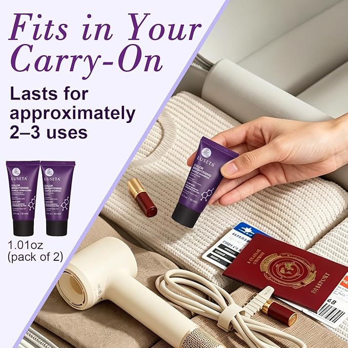 Luseta Color Brightening Purple Travel Shampoo and Conditioner Mini Kit for Blonde, Silver and Gray Hair - Brassiness Neutralizer for Highlighted and Bleached Hair, 2x1.01oz Carry on Friendly