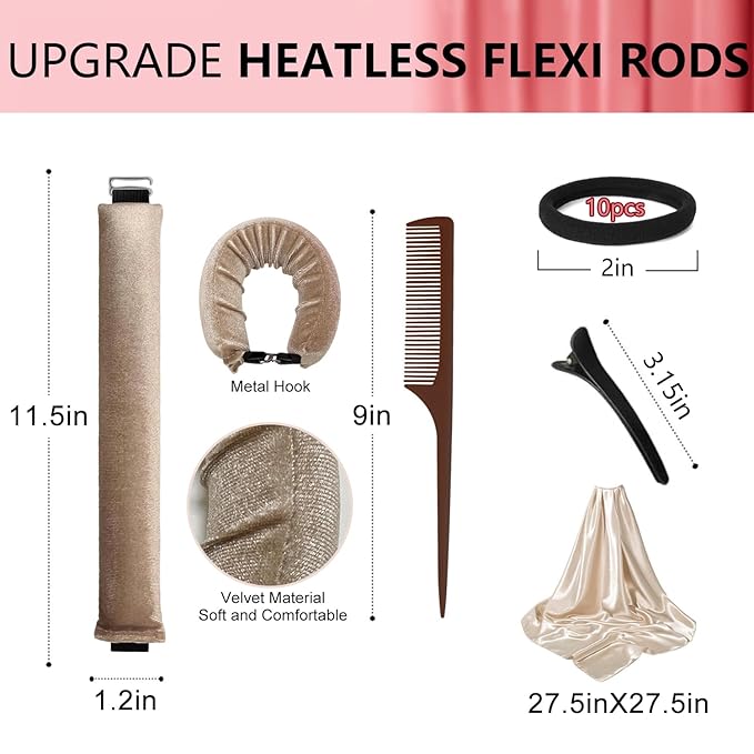 Overnight Heatless Hair Curler- 4 Piece Set- Jumbo Heatless Curls- Satin Flexi Rods to Sleep in- No Heat Curler Overnight Sleeping Curls Styling Tools- Gentle Rollers for All Hair Types-Khaki
