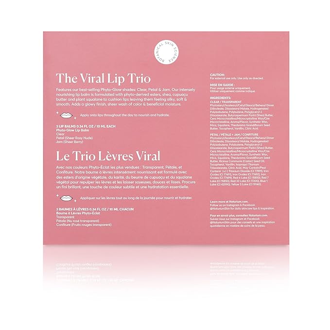 Naturium The Viral Lip Trio - Phyto-Glow Lip Balm With Shea Butter & Squalane, Sheer Tinted Colour, Clear, Petal, Jam, 3 x 10 ml