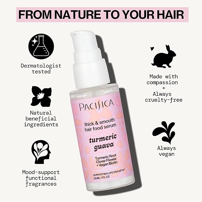 Pacifica Invisible Calming Hair Serum, Frizz Control & Hair Thickening Treatment - Turmeric & Guava Leave-In Scalp Serum with Peptides, Biotin & Caffeine 1 fl oz, Vegan & Cruelty-Free