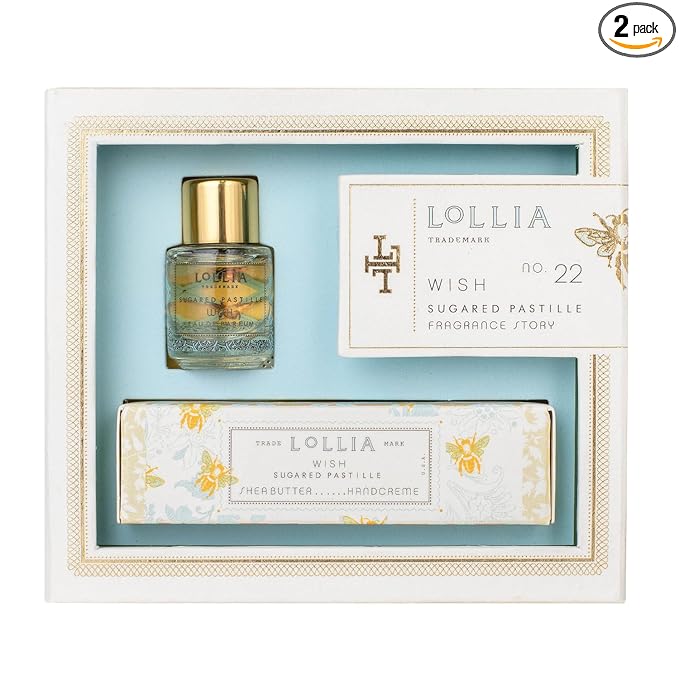 LOLLIA Wish Fragrance Story Gift Set – .16 fl. oz. Eau de Parfum & .33 oz. Petite Treat Handcreme - Sugared Pastille – Shea Butter Hand Cream for Women, Travel Size Perfume, Hand Lotion for Dry Hands