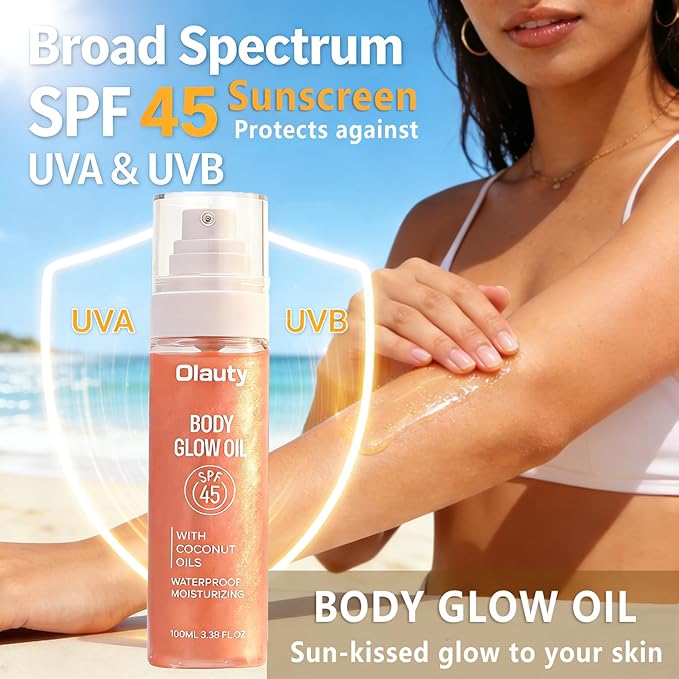 Body Glow Oil,Broad Spectrum SPF 45,Glitter Shimmer Mineral Sunscreen Body Oil with Sequin Mica,Moisturizing Coconut Oils,Waterproof Non Sticky Sun-kissed Skin Illuminator Travel Essentials (#02 Rose)