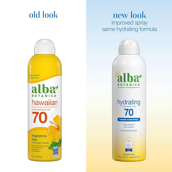 Alba Botanica Hydrating Sunscreen Spray for Face and Body, Broad Spectrum SPF 70 Sunscreen, Water Resistant, 5 Fl. Oz. Bottle