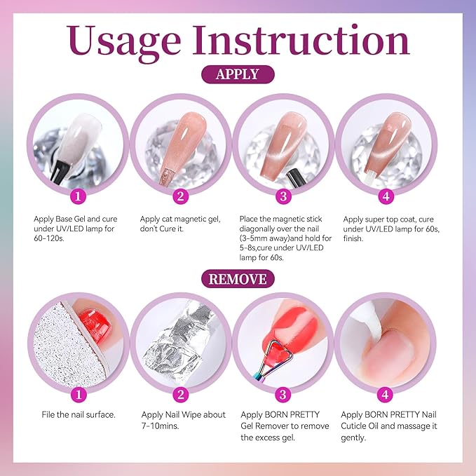 Born Pretty Spring Summer Cat Magnetic Eye Gel Nail Polish Set,Pink Blue Crystal Glass Magnetic Shimmer Glitter Gel Polish Nail Polish Manicure Salon DIY at Home 6Pcs 7ML