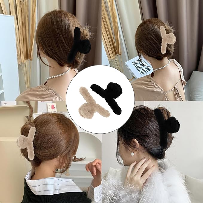 2Pcs Fuzzy Hair Clips Plush Hair Clamp for Thick Thin Hair, Large Nonslip Faux Fur Hair Claw Clips Cute Hair Clips for Women（Black, Light Brown）