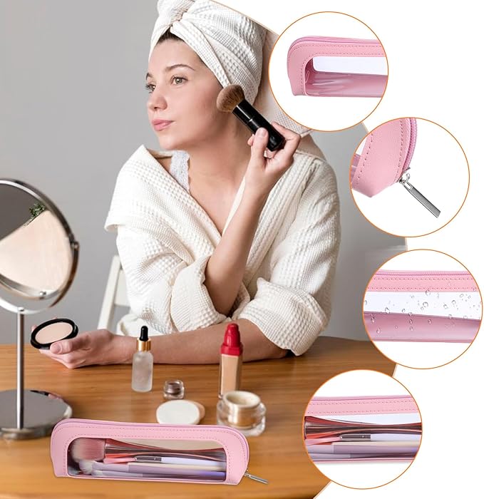 Psyqtsuary Small Clear Makeup Bag, PU Leather Travel Makeup Brush Bag Portable Transparent Waterproof Cosmetic Organizer Pouch with Zipper for Women Home Travel Office Cosmetic Storage (Pink)