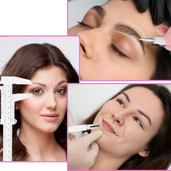 Eyebrow Microblading Marker Pen, 2 Pcs Brow Mapping Pens with with 4 Replacement Refills and 1 Ruler, Makeup Tattoo Skin Marker Pen, Brow Lamination Supplies for Eyebrow Lip Skin(White)