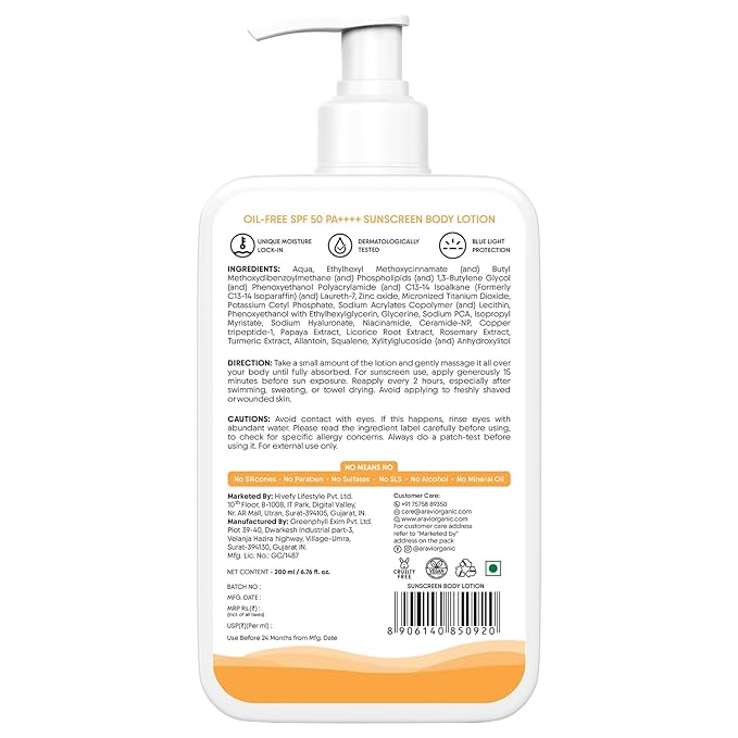 Aravi Organic Oil-Free Body Sunscreen Lotion SPF 50 | (In-Vivo) Dermatologically Tested | Travel Size | Broad Sprectum, UVA/UVB & Blue Light Protection | Zinc Oxide & Titanium Dioxide | 6.76 Fl Oz
