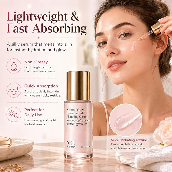 Yse Beauty Dewy Peptide Plumping Serum - Xtreme Glow Formula Smooths Wrinkles and Fine Lines, Hydrating Brightening Plumping Serum for Radiant Skin, 1 Fl Oz