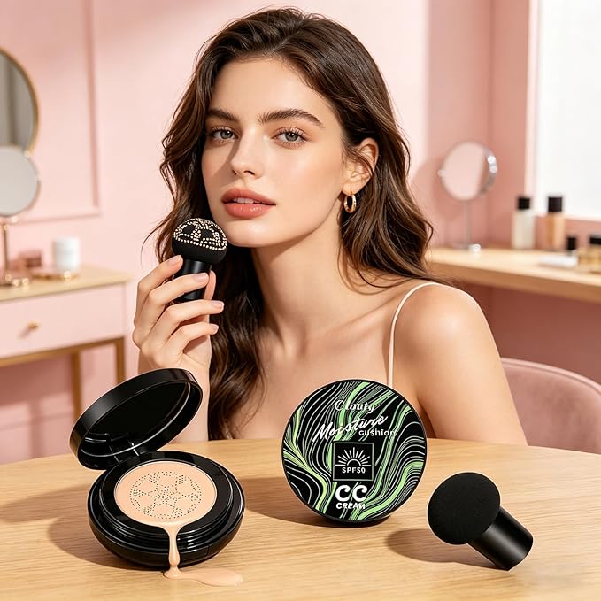 Cushion Foundation Air Cushion CC Cream - Full Coverage Foundation With SPF 50+, Color Corrector, Even Skin Tone, Tattoo cover up, Moisturizing Concealer Sunscreen Foundation Makeup (Buff Beige SPF50)