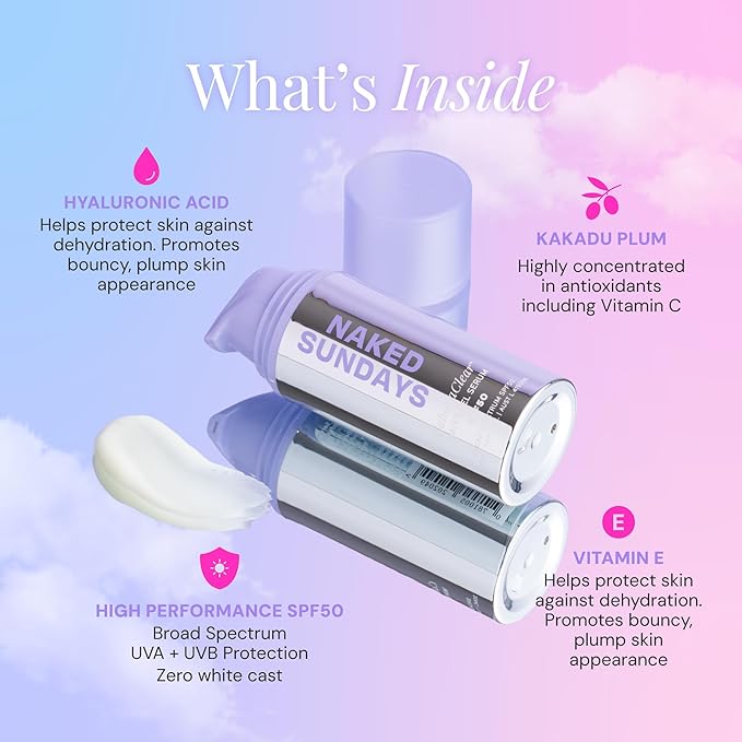 Naked Sundays CabanaClear SPF 50 Face Sunscreen Serum - Invisible Water Gel, Hyaluronic Acid, Broad Spectrum UVA/UVB, Hydrating, Silicone-Free, Fragrance-Free, All Skin Types, No White Cast - 30ml