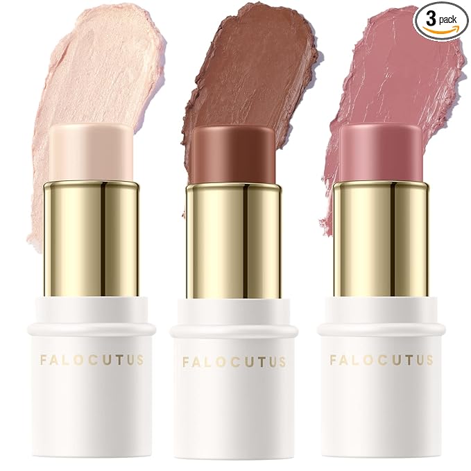 FALOCUTUS 3 Pcs NEUTRAL Contour Stick Set,Cream Blush & Highlighter Bronzer Pen,Long Lasting & Smooth Natural Face Contouring Illuminator,Professional Makeup Kit for All Skin