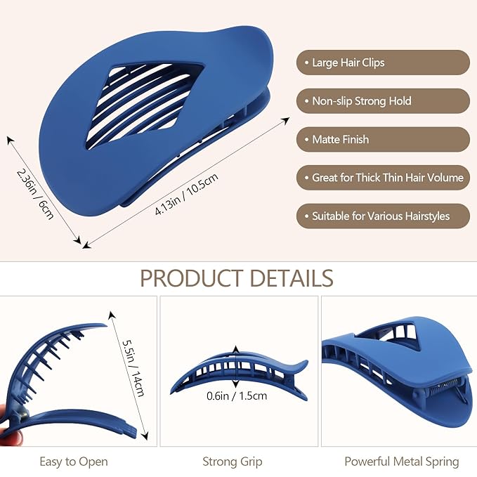 Atoden Large Flat Round Hair Clips Oval Claw Clips for Thick Medium Thin Hair 6Pcs Non Slip Strong Hold Barrettes Duckbill Accessories for Women Girls Matte Solid Color Grey Blue