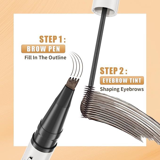 2-in-1 Eyebrow Pencil & Tinted Brow Gel - Dual-Ended Microblading Pen with 4-Fork Tip, Waterproof, Smudge-Proof for Natural Hair-Like Brows, Long Lasting 24H (Brown)