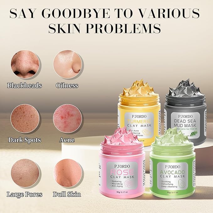 Pjordo 4 Pcs Clay Mask for Face(360g in Total), Turmeric Vitamin C, Dead Sea Mud, Green Tea Avocado, Rose, Face Masks Skincare for Pore Cleansing, Facial Masks for Women Skin Care, 3.17 Oz Each